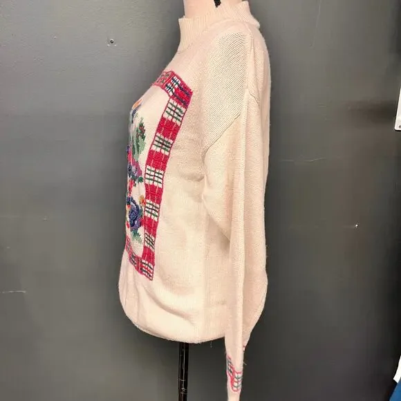 women's SM vintage floral intarsia mock neck sweater plaid off white pink purple - Picture 2 of 8